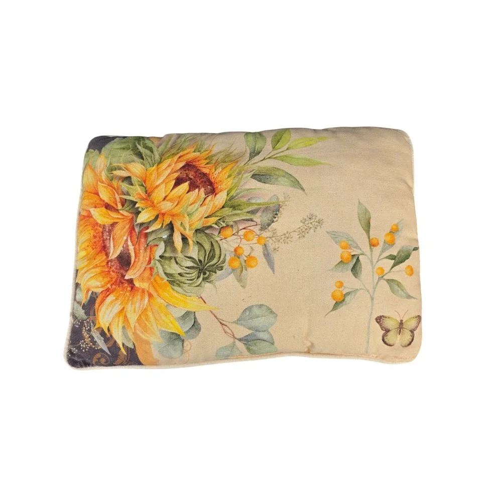 Sunflower Floral Decorative Lumbar Throw Pillow Beige Yellow Rustic Farmhouse